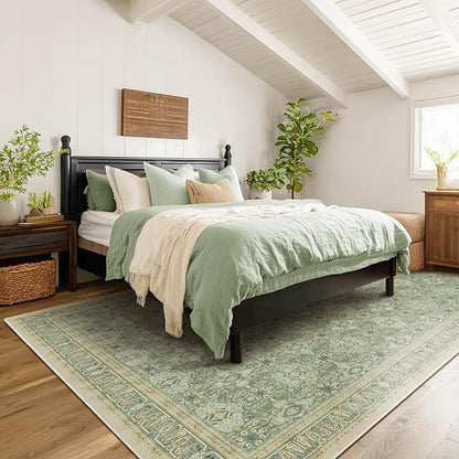 Sage Green 9x12 Rugs for Living Room, Large Area Rug Washable Non Slip Low Pile Ultra Thin, Boho Floral Moroccan Pattern Printed Carpet Rug for Bedroom Dining Room