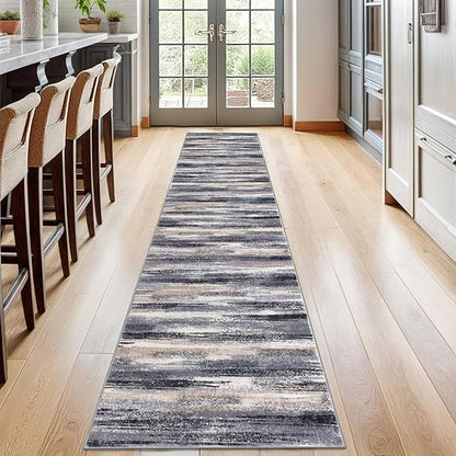 Modern Abstract Runner Rug 2x12, Grey Black Multi Washable Long Kitchen Runner Non-Slip Soft Hallway Rug Runner Thin Print Faux Wool Carpet for Entryway Bedroom Laundry Room Indoor Home Decor