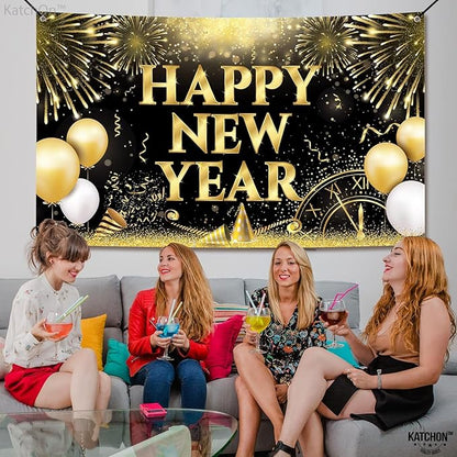 KatchOn, XtraLarge Happy New Year Banner - 72x44 Inch | New Years Backdrop for New Year Decorations 2026 | New Years Eve Party Supplies 2026 | NYE Decorations 2026
