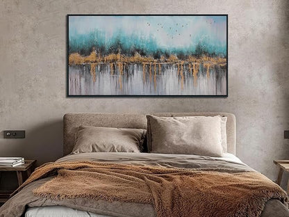 Ardemy Teal Abstract Canvas Wall Art for Living Room, Bedroom Wall Decor above Bed, Textured Picture Artwork Painting Wall Art for Men Home Office, Black Framed Large 40"x20"
