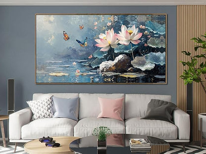 Ardemy Lotus Floral Canvas Wall Art Lrage Framed Pictures Wall Decor Living Room Flower Paintings Artwork for Walls Bedroom Kitchen Dining Room Home Office, 48"x24"
