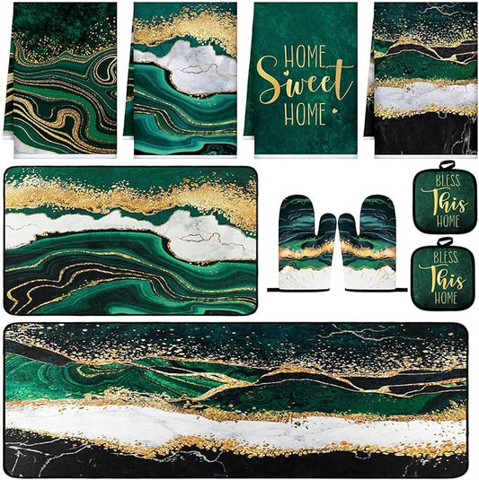 10 Pcs Christmas Marble Farmhouse Kitchen Decor Accessories Set Marble Kitchen Dish Towels Rugs Oven Mitts and Pot Holders Sets for Cooking Baking Daughter Mom Gift(Green)