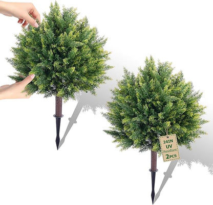 Artificial Cypress, 24'' Topiary Trees Artificial Outdoor, Faux Cedar Shurbs with Ground Spike, UV - Resistant Faux Plants for Outdoor planters, Set of 2 Fake Bushes Front Porch, Outside Garden Decor