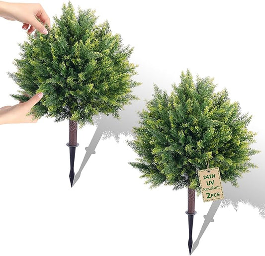Artificial Cypress, 24'' Topiary Trees Artificial Outdoor, Faux Cedar Shurbs with Ground Spike, UV - Resistant Faux Plants for Outdoor planters, Set of 2 Fake Bushes Front Porch, Outside Garden Decor