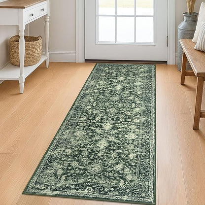 KILOCOCO Hallway Runner 2x5 Kitchen Runner Rug Printed Vintage Floral Washable Non-Slip Runners for Hallways Laundry Room Rugs Distressed Boho Rug Runners for Bedroom, Green