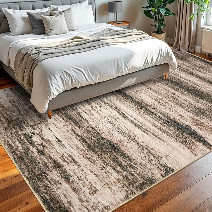 KOZYFLY Washable Rugs 8x10 Area Rug Modern Ombre Thin Rugs for Living Room, Washable Large Non-Slip Soft Striped Rug for Bedroom, Print Blush Brown Abstract Carpet for Laundry/Kid Room