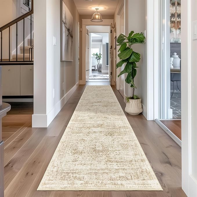 Long Hallway Runner Rug- Carpet Runners for Hallway 12ft, Anti Slip Backing Washable Rug Runner for Bathroom, Entrance, Living Room, Soft Low Pile Mordern Rug Runner(2'x12', Beige/Ivory)