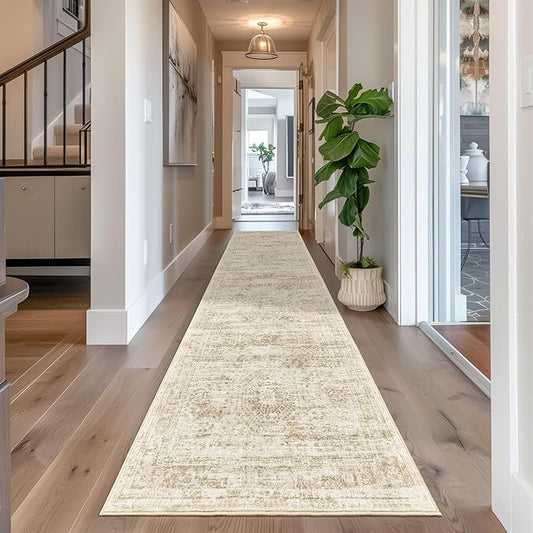 Long Hallway Runner Rug- Carpet Runners for Hallway 12ft, Anti Slip Backing Washable Rug Runner for Bathroom, Entrance, Living Room, Soft Low Pile Mordern Rug Runner(2'x12', Beige/Ivory)