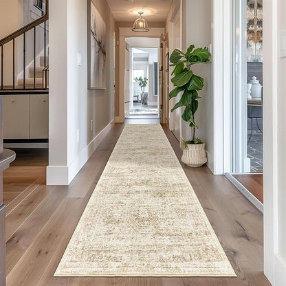 Washable Runner Rug 2.5x12, Non-Slip Long Bathroom Rugs Runner for Kitchen, Living Room, Bedroom, Soft Vintage Washable Rug for Entryway, Thin Floor Mat for Dining Room(2.5'x12', Beige/Ivory)