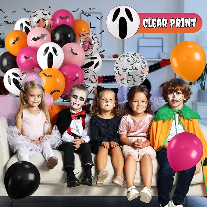 Orange Pink Halloween Balloons, 12 Inch Ghost Balloons, Black Orange and Hot Pink Latex Balloon with Bat Sticker, Bat Print Balloon for Kids Girls Birthday Ghost Theme Halloween Party Decorations