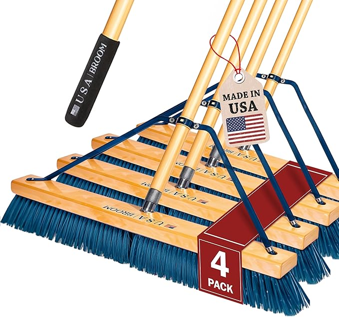 USA Broom 4 Pack Bundle – Heavy Duty Outdoor Push Brooms. Ideal for Asphalt, Concrete & Heavy Debris. Durable American-Made Construction with Steel Brackets and Stainless Steel Hardware, No Plastic