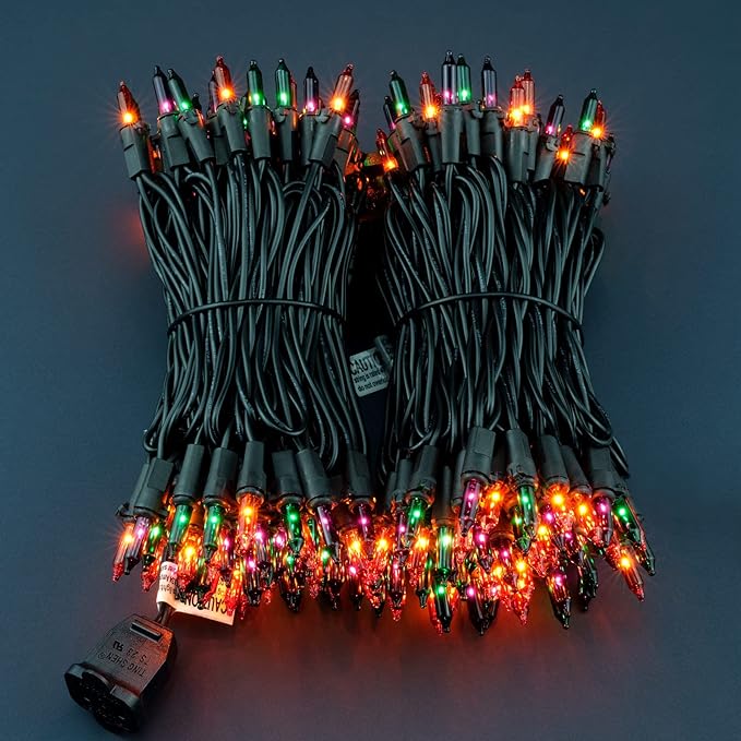 200 Count Orange Green & Purple Christmas Lights, Pack of 2 Strands 100 Count 33 ft Black Wire UL Listed Halloween String Light (Orange Green & Purple)