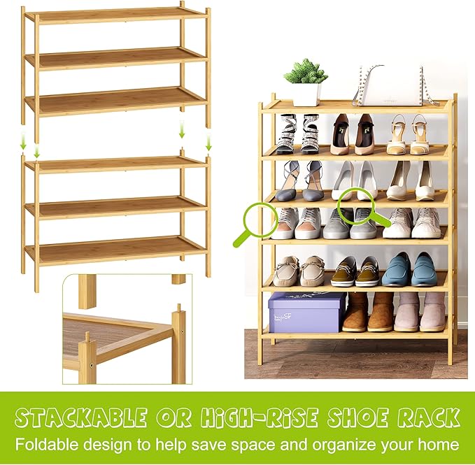 BMOSU 3-Tier Bamboo Shoe Rack Premium Stackable Shoe Shelf Storage Organizer for Hallway Closet Living Room Entryway Organizer(Natural)