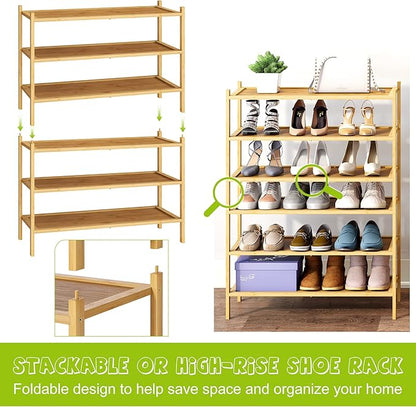 BMOSU 3-Tier Bamboo Shoe Rack Premium Stackable Shoe Shelf Storage Organizer for Hallway Closet Living Room Entryway Organizer(Natural)