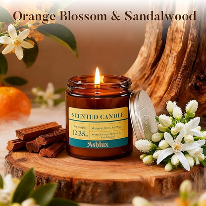 Orange Blossom and Sandalwood Candle,12.35oz Scented Candles with 8% Essential Oils,70 Hour Burn Time Soy Wax Candles for Home Decor,Reading,Jar Candle Gifts for Women and Men