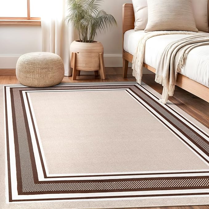 Beverly Rug Non Slip Area Rugs 8x10 Modern Bordered Non Skid Rubber Backing Soft Area Rug for Living Dining Room Easy to Clean Non Shedding Kitchen Bedroom Indoor Carpet 8 x 10 Beige-Brown