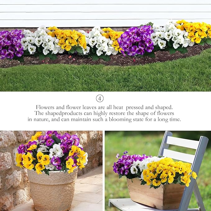 Hananona 24 Pcs Artificial Outdoor Flowers, Faux Silk Pansy Plants for Outside UV Resistant Spring Pansies Flower for Home Planter Porch Patio Yard Decor (24, Yellow, White, Purple)