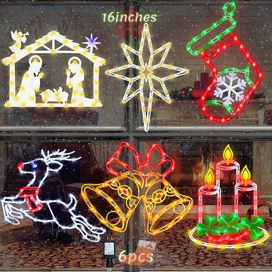 16" Christmas Window Silhouette Lights Decorations - 6 Pack Colour Lighted Reindeer ＆ Bell ＆ Nativity ＆ Candle ＆ Christmas Stocking ＆ Bethlehem Star for Holiday Wall Door Window Decorate