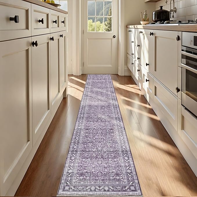 OPPODREAM Thin Vintage Purple 2x12 Runner Rug, 2 x 12 Retro Washable Rug Non Slip, Low-Pile Faux Wool Carpet, Distressed Floor Mat for Kitchen, Hallway, Entry-Way, Entrance, Indoor Back Door