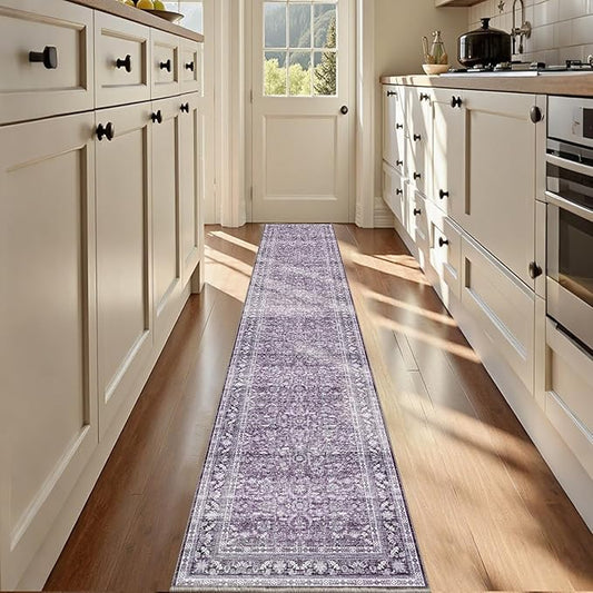 OPPODREAM Thin Vintage Purple 2x12 Runner Rug, 2 x 12 Retro Washable Rug Non Slip, Low-Pile Faux Wool Carpet, Distressed Floor Mat for Kitchen, Hallway, Entry-Way, Entrance, Indoor Back Door
