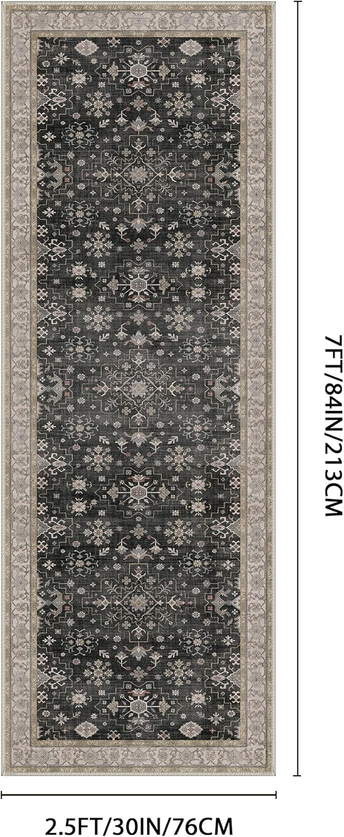 GENIMO 2'5x7 Runner Rug,Machine Washable Non-Slip Vintage Rugs,Low Pile Lightweight Carpet for Bedroom,Hallway,Entryway,Kitchen,Bathroom,Black