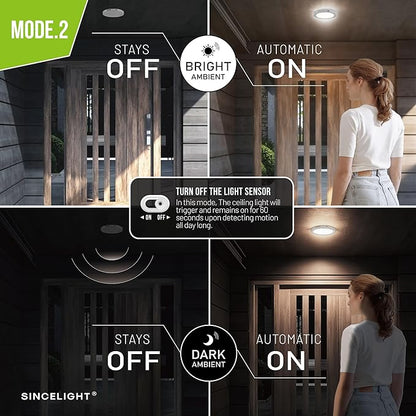 SINCELIGHT PIR Motion Sensor 18W LED Ceiling Light (Φ9''/220mm), Automatically ON/Off, Movement Activated, Dual Mode Turnable, Neutral White 4000K, Surface/Flush Mount for Hallway,Porch, Pack of 1