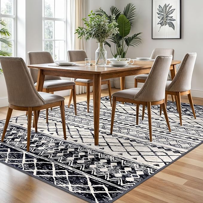 KUTA 6x9 Boho Area Rug for Living Room, Moroccan Washable Kitchen Rugs Non Slip, Black Navy Blue Ultra Soft Print Geometric Low-Pile Throw Carpet for Bedroom Nursery Dorm Decor
