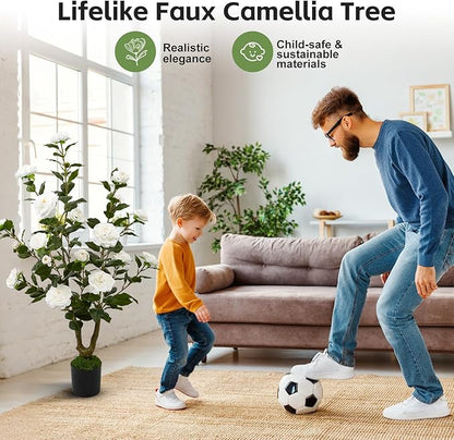 40" Artificial Camellia Tree 2 Pack,Faux Floral Plant Fake Trees with White Blooming Flowers,Artificial Plants Greenery Potted Plant for Outdoor Indoor Home Porch Decor