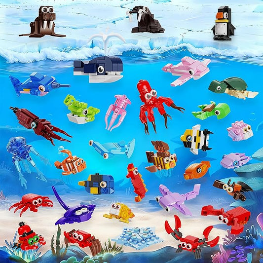32 Pack Marine Animals Building Blocks - 846PCS Kids Party Favors Educational Toy, Goodie Bag Stuffers Classroom Prizes, Valentines Easter Birthday Gifts for Boys Girls 6-12
