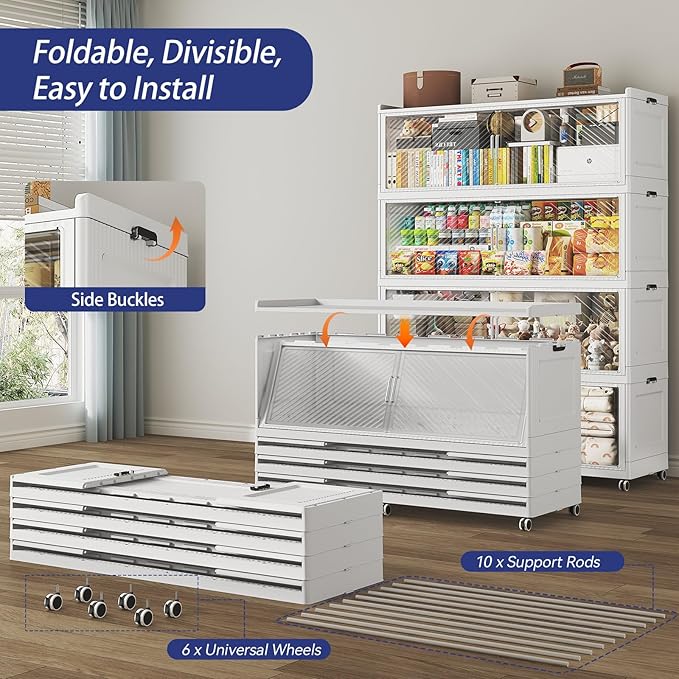 320 Gallon Extra Large Collapsible Storage Bin with Lid, 960QT Stackable Plastic Organizer with 6x Wheels, Foldable Drawer Cabinet for Closet, Living Room Office, Kitchen 4Pack, White