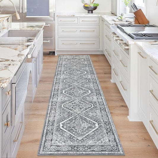 KUTA Oriental Medallion Kitchen Runner Rug, 2x8 Vintage Grey Washable Hallway Runners Non-Slip Ultra Soft Printed Distressed Tribal Floor Carpet Rugs for Bedroom Living Room Nursery