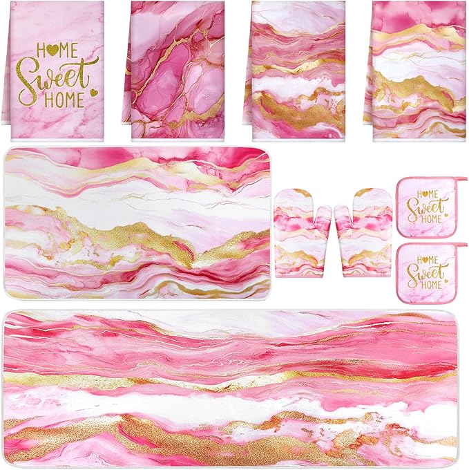 10 Pcs Christmas Marble Farmhouse Kitchen Decor Accessories Set Marble Kitchen Dish Towels Rugs Oven Mitts and Pot Holders Sets for Cooking Baking Daughter Mom Gift(Pink)