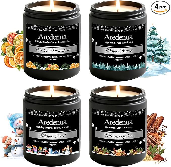 Winter Candles Set – 4 Pack Holiday Scented Candles, 28oz Soy Candle for Home Scented, Cozy Scents of Winter Carol/Spice/Clementine/Forest - Holiday Candle Christmas Gifts for Women Men