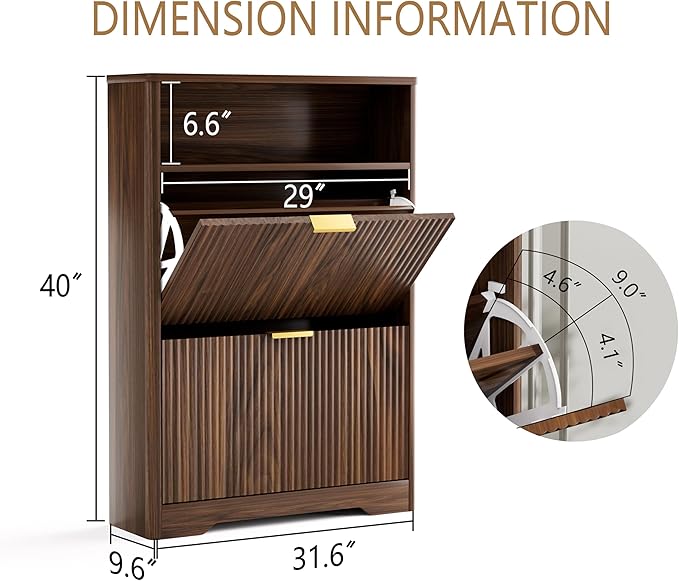 Rainbow Home Oregon Shoe Storage Cabinet, 31.6" W Narrow Fluted Design with 2 Flip Drawers, Walnut Freestanding Organizer for Entryway, Foyer, Hallway | Mid Century Modern (2 Flip Drawers)