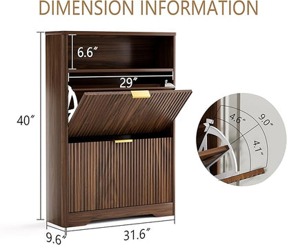 Rainbow Home Oregon Shoe Storage Cabinet, 31.6" W Narrow Fluted Design with 2 Flip Drawers, Walnut Freestanding Organizer for Entryway, Foyer, Hallway | Mid Century Modern (2 Flip Drawers)