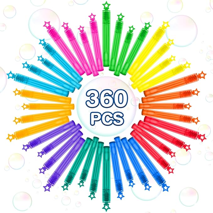 360 Pcs Mini Bubble Wands in 10 Colors, Bulk Party Favors for Kids, Themed Birthday, Christmas, New Year, Valentine, Carnival, School Classroom Prizes for Boys & Girls, Ideal Goodies Bags Stuffers