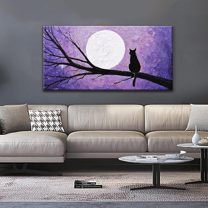 QSQ Cat Wall Art Prints Painting Canvas Art Wall Decor Funny Monet Cat Under The Moonlight Abstract Wall Art Posters Picture For Bedroom Living Room Office Home Decor 24" × 48" Ready To Hang
