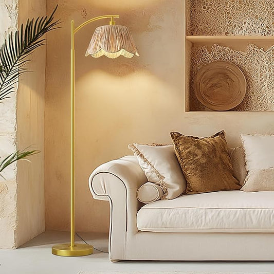 Oneach Arc Floor Lamp for Living Room,Rattan Boho Floor Lamp with Hand-Woven Wicker Shade, Foot Switch,Gold Metal Base & Pole,Farmhouse Standing Lamp for Bedroom Corner,Reading