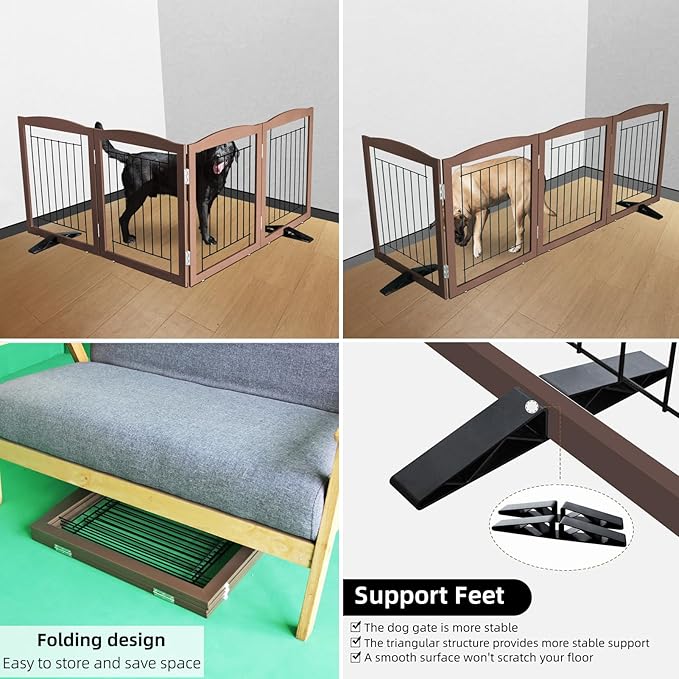 ZJSF Freestanding Dog Fence Indoor, Foldable Dog Gate for Doorways, Stairs or Hallways, Sturdy Wood Extra Wide Pet Gate with Support Feet for The House, Brown, 24 "Height-4 Panels