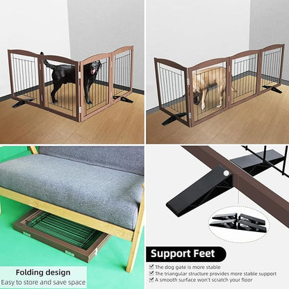 ZJSF Freestanding Dog Fence Indoor, Foldable Dog Gate for Doorways, Stairs or Hallways, Sturdy Wood Extra Wide Pet Gate with Support Feet for The House, Brown, 24 "Height-4 Panels