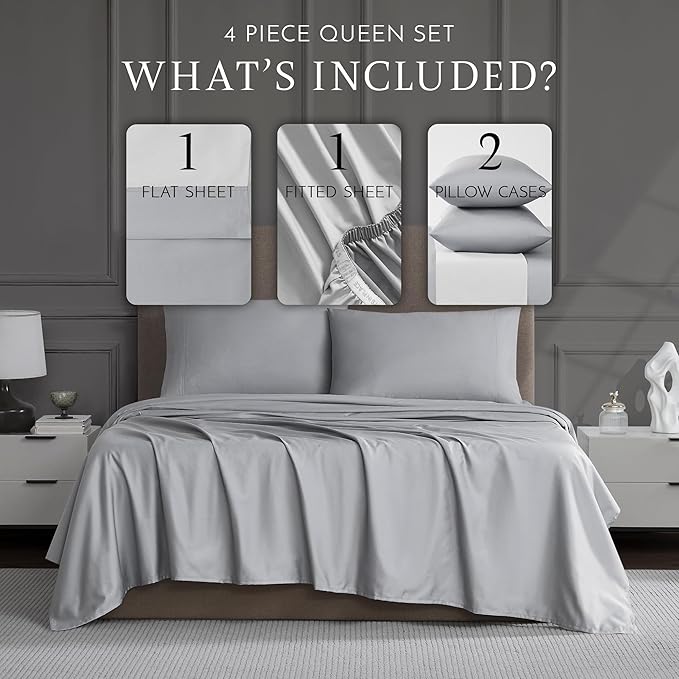Linen Closet Luxury Cotton 1200 Thread Count Hotel Luxury 4-Piece Sheet Set, Queen, Soft Silver