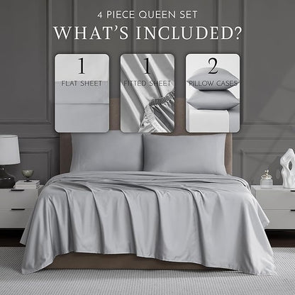 Linen Closet Luxury Cotton 1200 Thread Count Hotel Luxury 4-Piece Sheet Set, Queen, Soft Silver