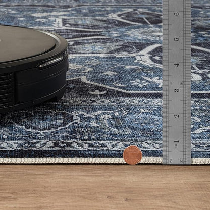 Bloom Rugs Caria Washable Non-Slip 10 ft Runner - Blue/Charcoal Traditional Runner for Entryway, Hallway, Bathroom, and Kitchen - Exact Size: 2'6" x 10'