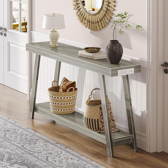 Huuger Console Table with Charging Station, USB-C Port, 2 Tiers Entryway Table, 53.9 Inch Sofa Table with Metal Legs, Entry Hallway Table with Thicker Desktop, Modern Behind Couch Table, Grey