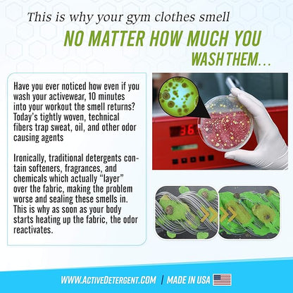 Active Wear Laundry Detergent & Soak - Formulated for Sweat and Workout Clothes - Natural Performance Concentrate Enzyme Booster Deodorizer - Powder Wash for Activewear Gym Apparel (90 Loads)