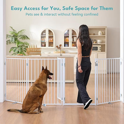 No Pawblems Free Standing Dog Gate with Door, 36'' Tall Foldable Dog Fence for Indoor & Outdoor, Up to 156 Inch Extra Wide Puppy Gate for Stairs, Hallways, Doorways, Deck, Yard (White, 6 Panels)