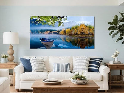 Arjun Lake Canvas Wall Art for Living Room Blue Mountain Picture Bedroom Sky Nature Landscape Boat Artwork Modern Scenic Nature Painting Framed Large Size Home Office Dining Room Wall Decor 40"x20"