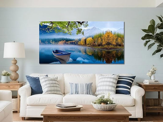 Arjun Lake Canvas Wall Art for Living Room Blue Mountain Picture Bedroom Sky Nature Landscape Boat Artwork Modern Scenic Nature Painting Framed Large Size Home Office Dining Room Wall Decor 40"x20"