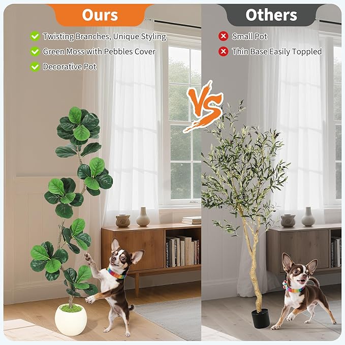 Garvee Fiddle Leaf Fig Tree 6ft Tall Artificial Tree with White Planter，Faux Floor Plant, Indoor Fake Plants for Home Office Decor