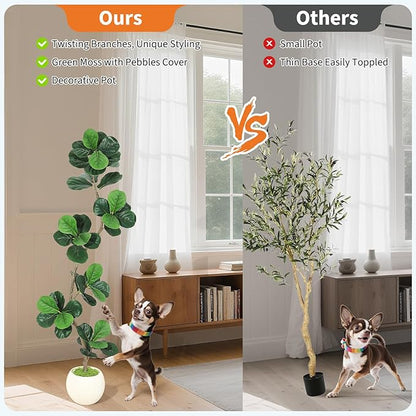 Garvee Fiddle Leaf Fig Tree 6ft Tall Artificial Tree with White Planter，Faux Floor Plant, Indoor Fake Plants for Home Office Decor